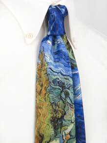 Van Gogh Starry Sky Print Necktie, 8cm Manual Tie For Men & Women, Formal Vintage Street Fashion Style - Multicolor - View 2