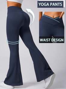 1pc Women's Ribbed Peach Buttock Shaping Flare Leggings, V-Shaped High Waist Fitness Yoga Pants