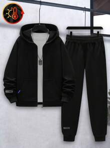 Bộ 2 món/Bộ quần áo thể thao tập luyện thường ngày bằng vải nỉ màu trơn có mũ trùm đầu và quần nỉ có dây rút, bộ ấm áp cho mùa xuân thu đông - màu đen - Xem 1