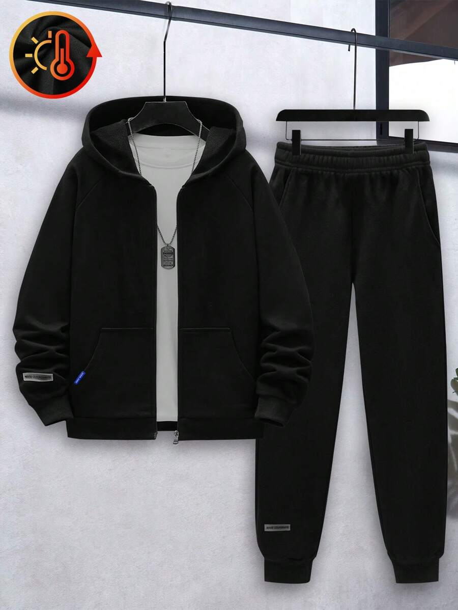 Bộ 2 món/Bộ quần áo thể thao tập luyện thường ngày bằng vải nỉ màu trơn có mũ trùm đầu và quần nỉ có dây rút, bộ ấm áp cho mùa xuân thu đông - màu đen - Xem 1