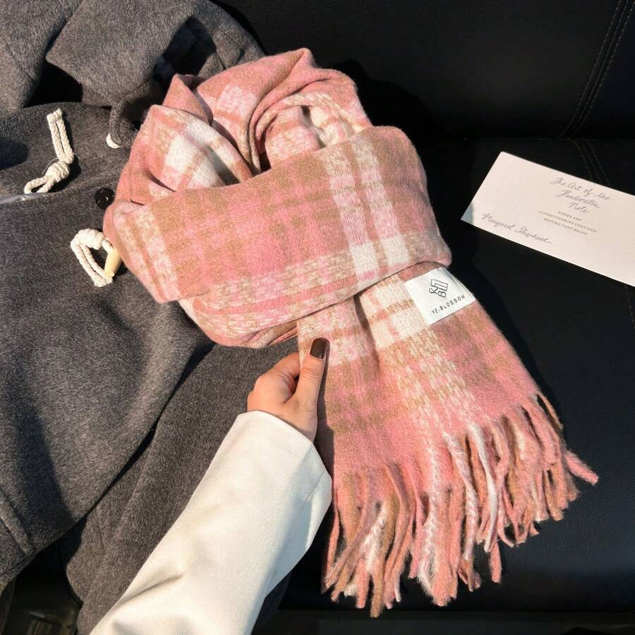 女士时尚大格子围巾长披肩保暖冬季厚格子围巾，时尚高端马海毛格子围巾，节日礼品包装 - 彩色 - 查看 1
