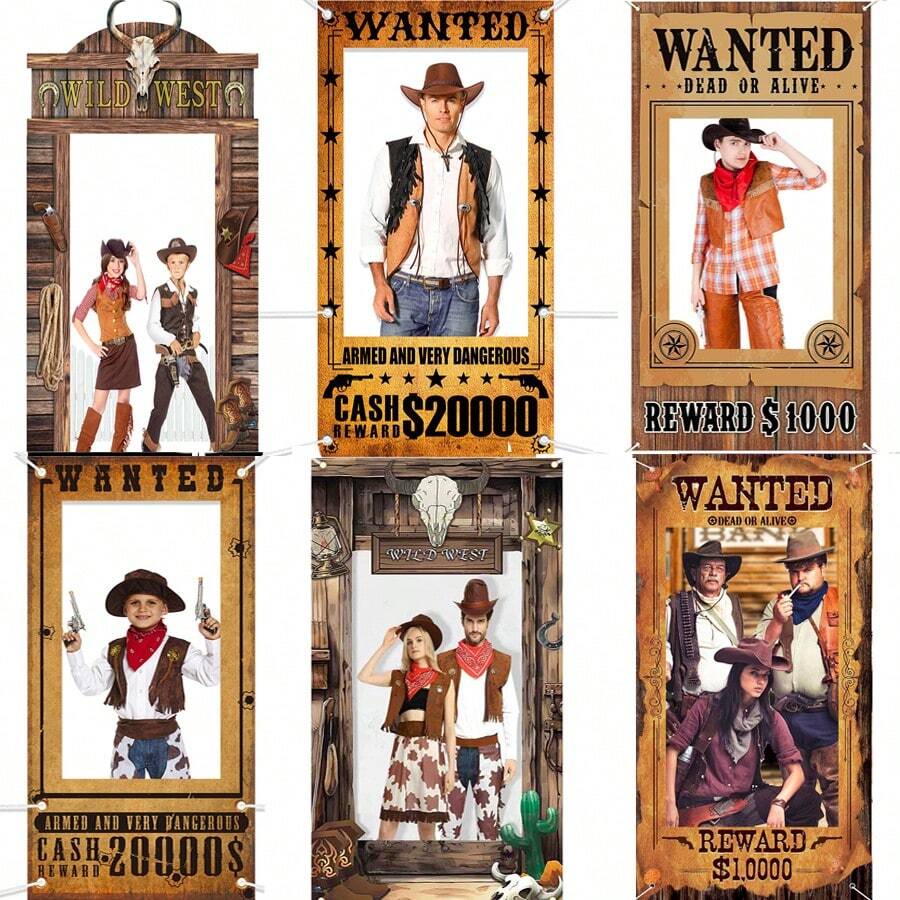 1pc Western Cowboy Bounty Poster Vintage Backdrop, Holiday, Birthday, Party, Bathroom Gift Occasion Decor Hollow Photo Frame Hanging Cloth Photography Prop