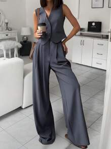 优雅欧洲商务风格无袖纽扣背心和正装裤两件套 - 深灰色 - 查看 3