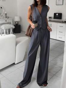 优雅欧洲商务风格无袖纽扣背心和正装裤两件套 - 深灰色 - 查看 4