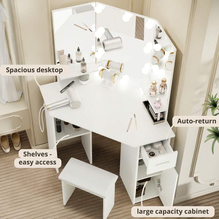 GladGrid Corner Vanity Desk With Mirror And Lights, Bedroom Makeup
