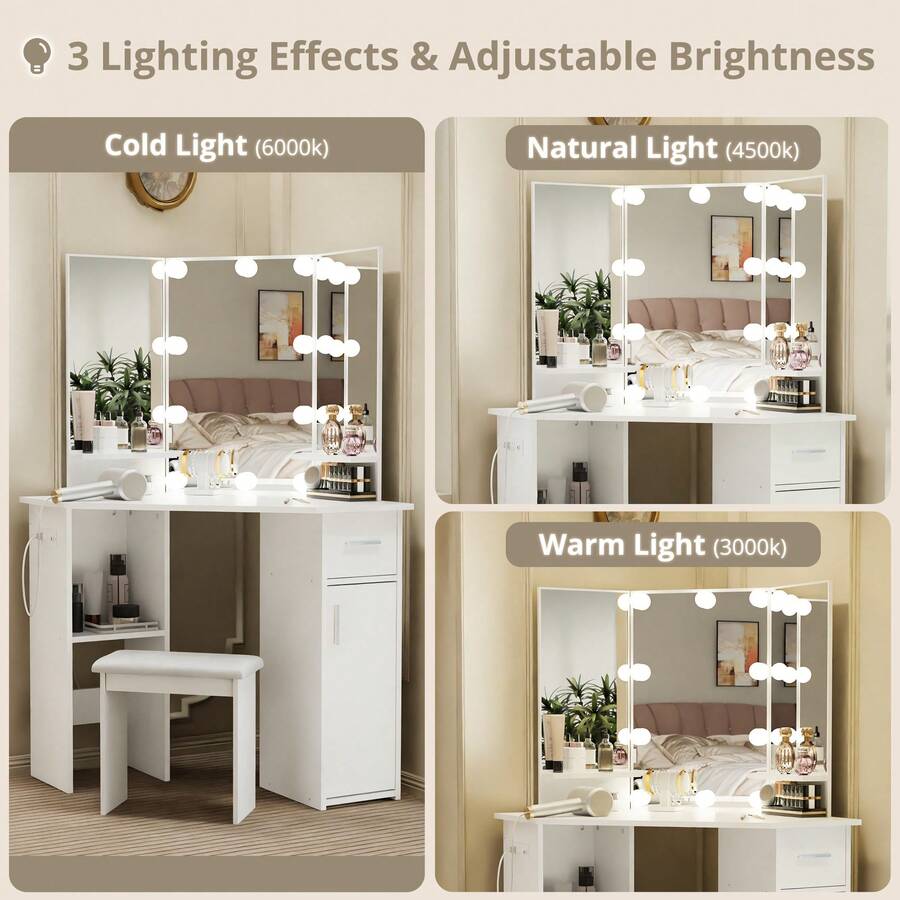 GladGrid Corner Vanity Desk With Mirror And Lights, Bedroom Makeup
