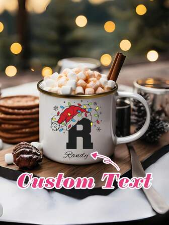 1pc 350ml Personalized Custom Christmas Letter Ceramic Coffee Mug, Customizable Name Porcelain Coffee Cup, Cute Christmas Hat Christmas Lights Christmas Water Cup, Summer And Winter Drinkware Set, Birthday Gift, Holiday Gift, Christmas Gift, New Year Gift