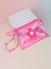 1pc Fashionable Transparent PVC Coin Purse With Floral Beaded Chain - Girl's Portable Key And Travel Wallet (Bead Color Random)