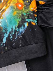 2 件装 Tween Boys 3D 泼墨印花美式足球连帽衫和弹性袖口裤子套装，秋冬 - 黑色 - 查看 5