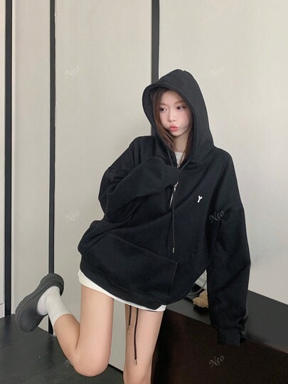 Letter Embroidered Half-Zip Long Sleeve Casual Hoodie