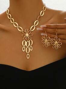 3pcs/Set Metal Flower Teardrop Tassel Pendant Necklace Valentines - Yellow Gold - View 4