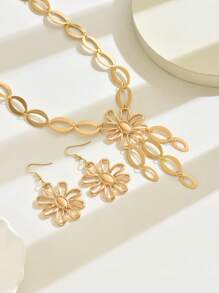 3pcs/Set Metal Flower Teardrop Tassel Pendant Necklace Valentines - Yellow Gold - View 3