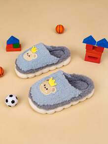 1 par de cálidas y lindas zapatillas de estar por casa antideslizantes con diseños de dibujos animados para niños, de felpa suave, apropiadas para usar en otoño/invierno en casa