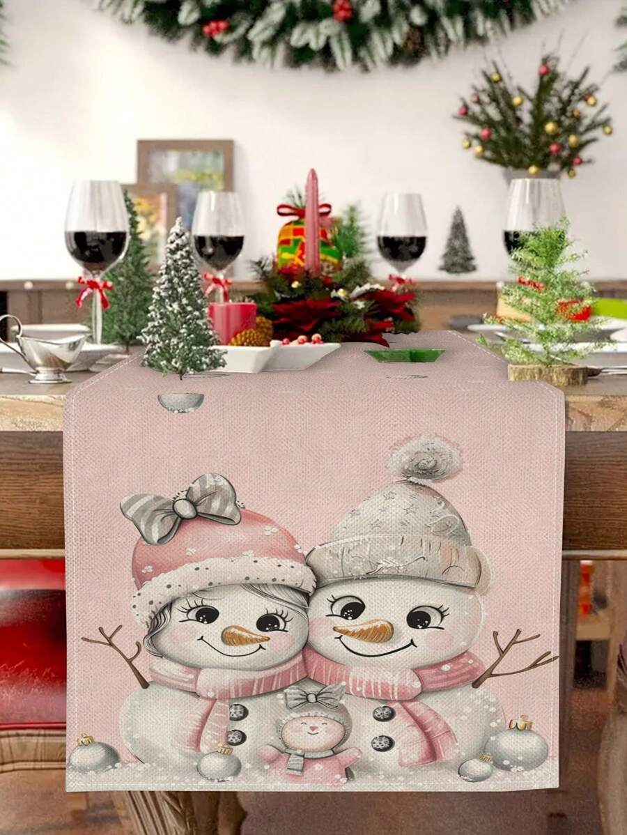 1pc Pink Snowman Pattern Table Runner, Christmas Home Decor Table Runner, Indoor/Outdoor Party Supplies, Room Decoration. Suitable For Christmas Home Kitchen Decor And Christmas Event Party Decoration (4pcs Placemats, 1pc Throw Pillow Optional)