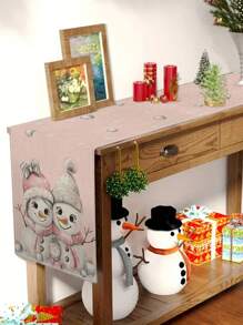 1pc Pink Snowman Pattern Table Runner, Christmas Home Decor Table Runner, Indoor/Outdoor Party Supplies, Room Decoration. Suitable For Christmas Home Kitchen Decor And Christmas Event Party Decoration (4pcs Placemats, 1pc Throw Pillow Optional)
