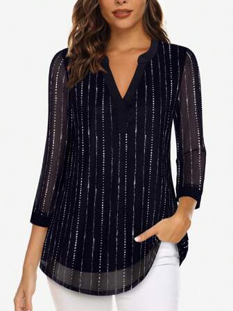 CheersLife Damklänning med V-ringning och 3/4-ärmar, avslappnad blus med lager på lager och knytband i mesh i midjan