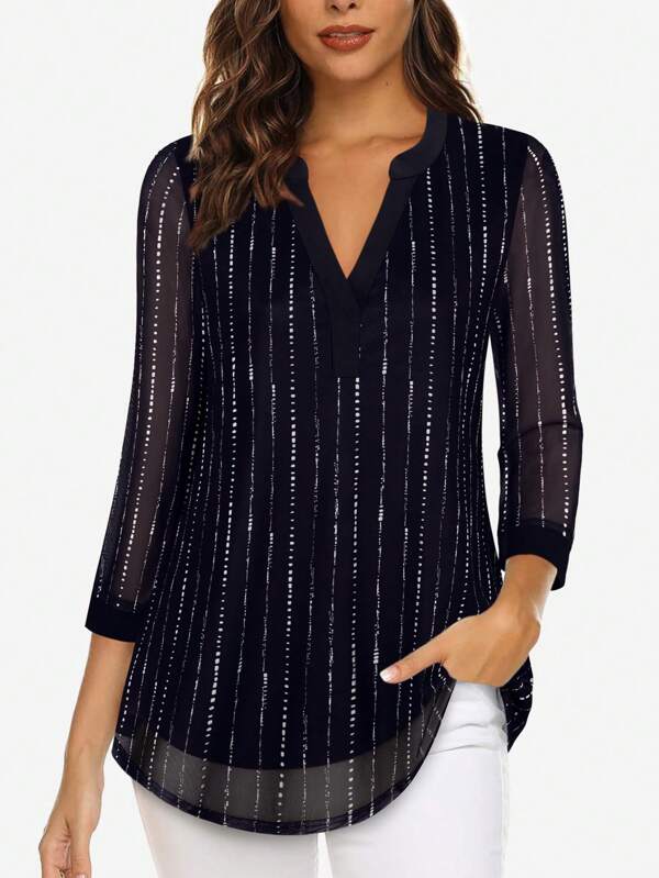 CheersLife Women's 3/4 Sleeve Blouses Casual V Neck Dress Shirts Double Layers Mesh Tunics Tops