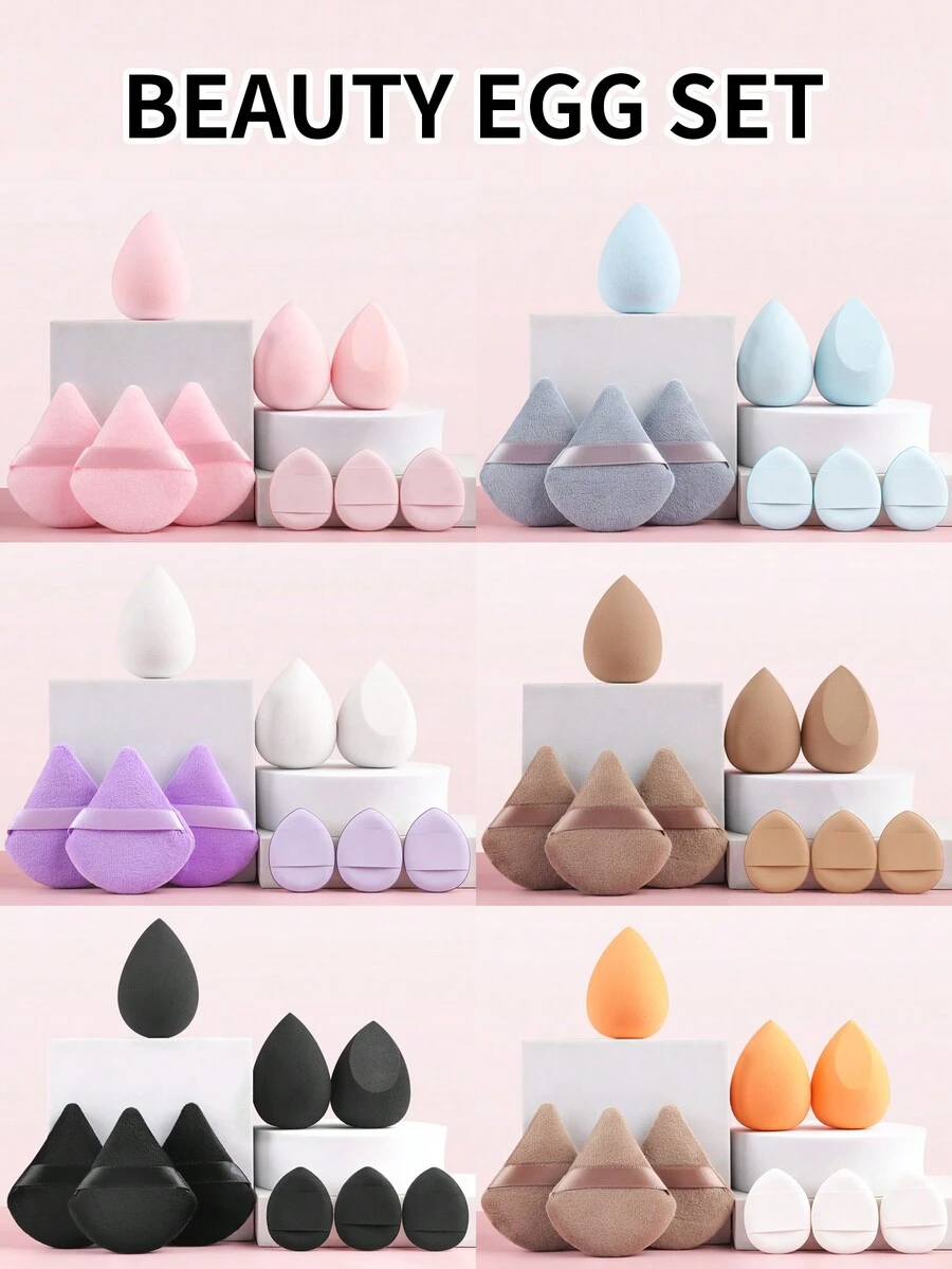 Bộ 9 dụng cụ mút trang điểm mềm mại thân thiện với da màu tím - 3 bông phấn hình quạt hai lớp & 3 dụng cụ tán phấn lớn & 3 bông phấn dạng đệm ngón tay cái - Màu tím - Xem 1