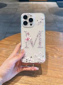 1 pezzo Custodia telefonica trasparente anti-caduta in TPU con copertura completa, stampa UV a colori con lettera M e tappo antipolvere placcato in metallo a forma di lettera M, compatibile con /Redmi/Honor