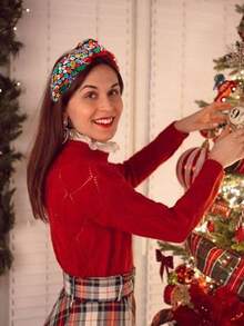 1pc Women's Fashionable Luxury Handmade Christmas Headband With Red, Christmas Tree, Snowflake Patterns, Bow Knot Sequins Decor, Christmas Party Hair Accessory, Great Gift For Best Friends - Red - View 3