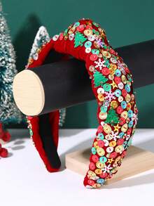 1pc Women's Fashionable Luxury Handmade Christmas Headband With Red, Christmas Tree, Snowflake Patterns, Bow Knot Sequins Decor, Christmas Party Hair Accessory, Great Gift For Best Friends - Red - View 2