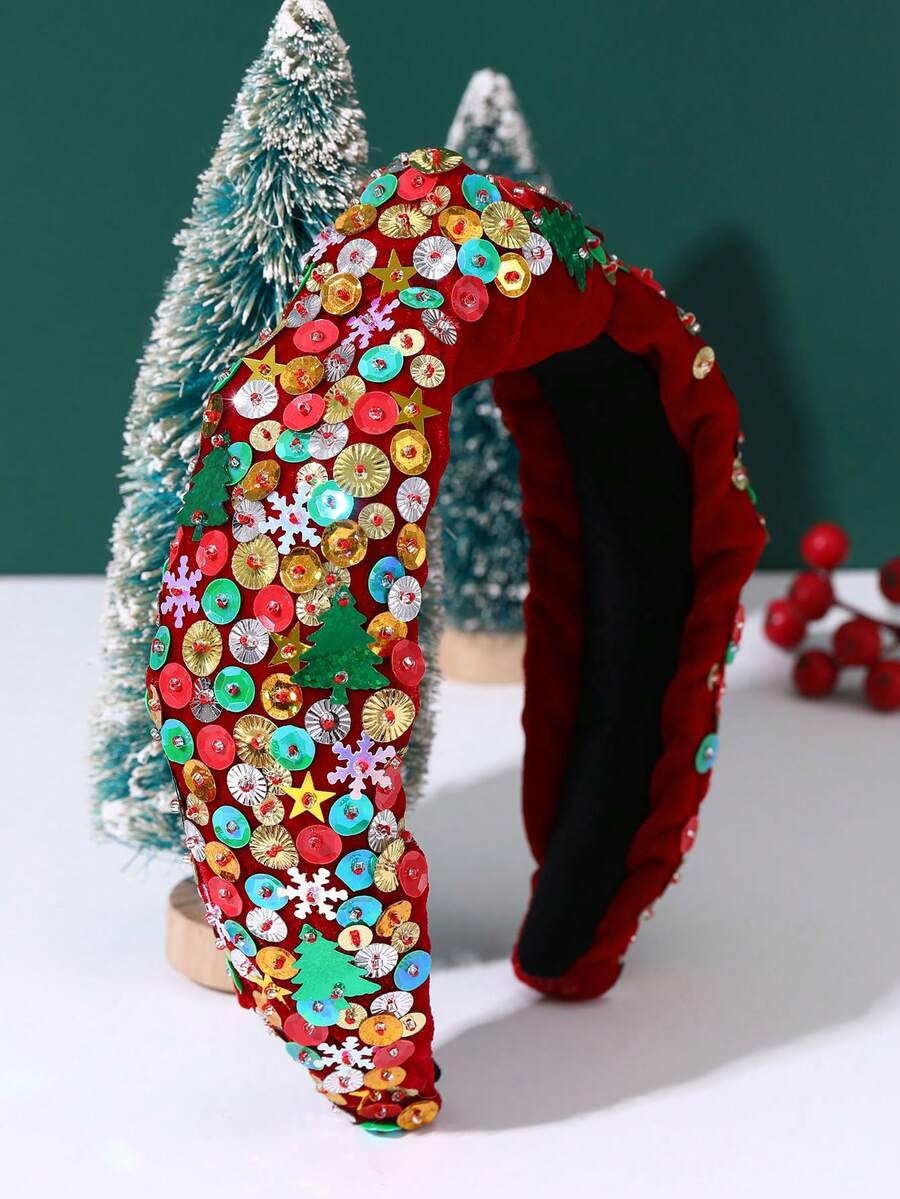 1pc Women's Fashionable Luxury Handmade Christmas Headband With Red, Christmas Tree, Snowflake Patterns, Bow Knot Sequins Decor, Christmas Party Hair Accessory, Great Gift For Best Friends - Red - View 1