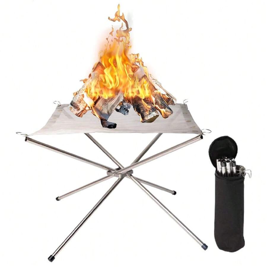 Foyer portable pliable en acier inoxydable maille 16,5 pouces - Équipement de camping pour camping, extérieur, patio, cour et jardin (Argent) (16,5 po)