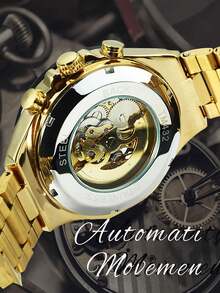 1 chiếc đồng hồ cơ tự động mặt vàng cổ điển dành cho nam có kim phát sáng dây đeo bằng thép không gỉ thời trang dành cho nam giới doanh nhân quà tặng sinh nhật lễ hội - Vàng - Xem 7