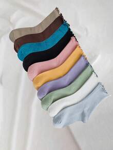 7 Pairs/Set Women Socks Solid Color Ruffle Hem Women Crew Socks, Fashionable For Daily Wear, Random Color Dispatch - Multicolor - View 3