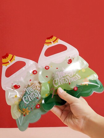  10 件装圣诞节卡通圣诞树透明不对称手提包、糖果饼干礼品袋、可重复使用的储物袋、18.5*21 厘米、适用于节日、礼物、派对
