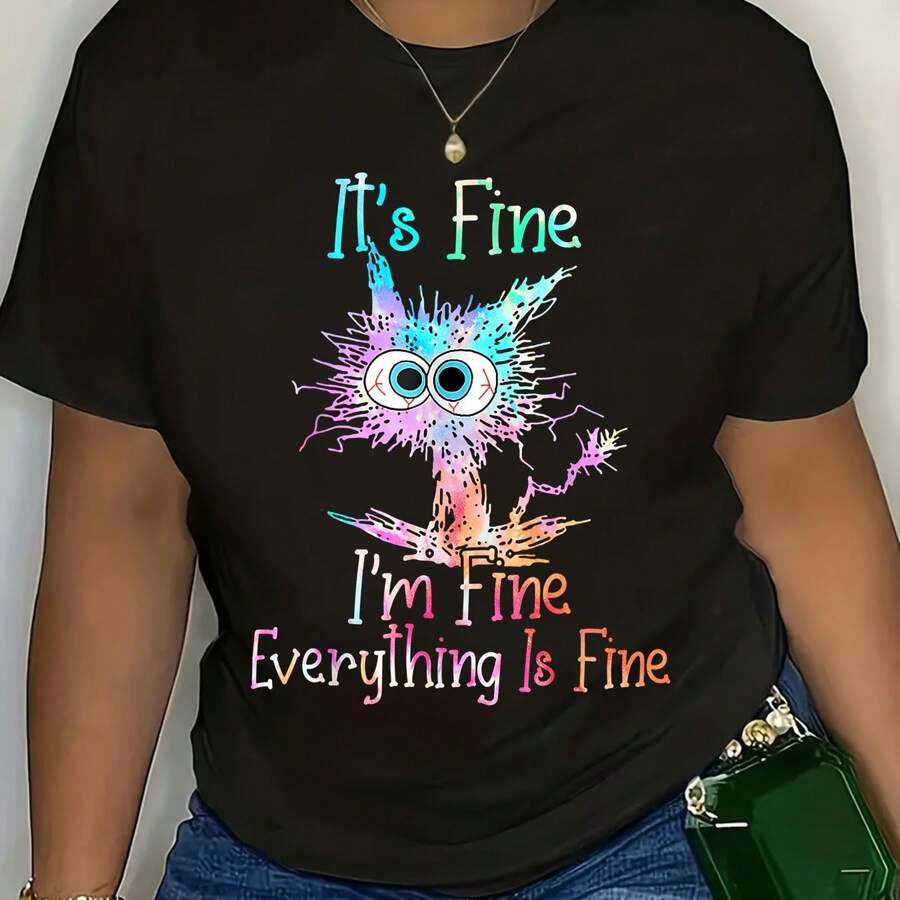 It's Fine I'm Fine Everything Is Fine Black Cat Quote Short Sleeve T-Shirt - màu đen - Xem 1
