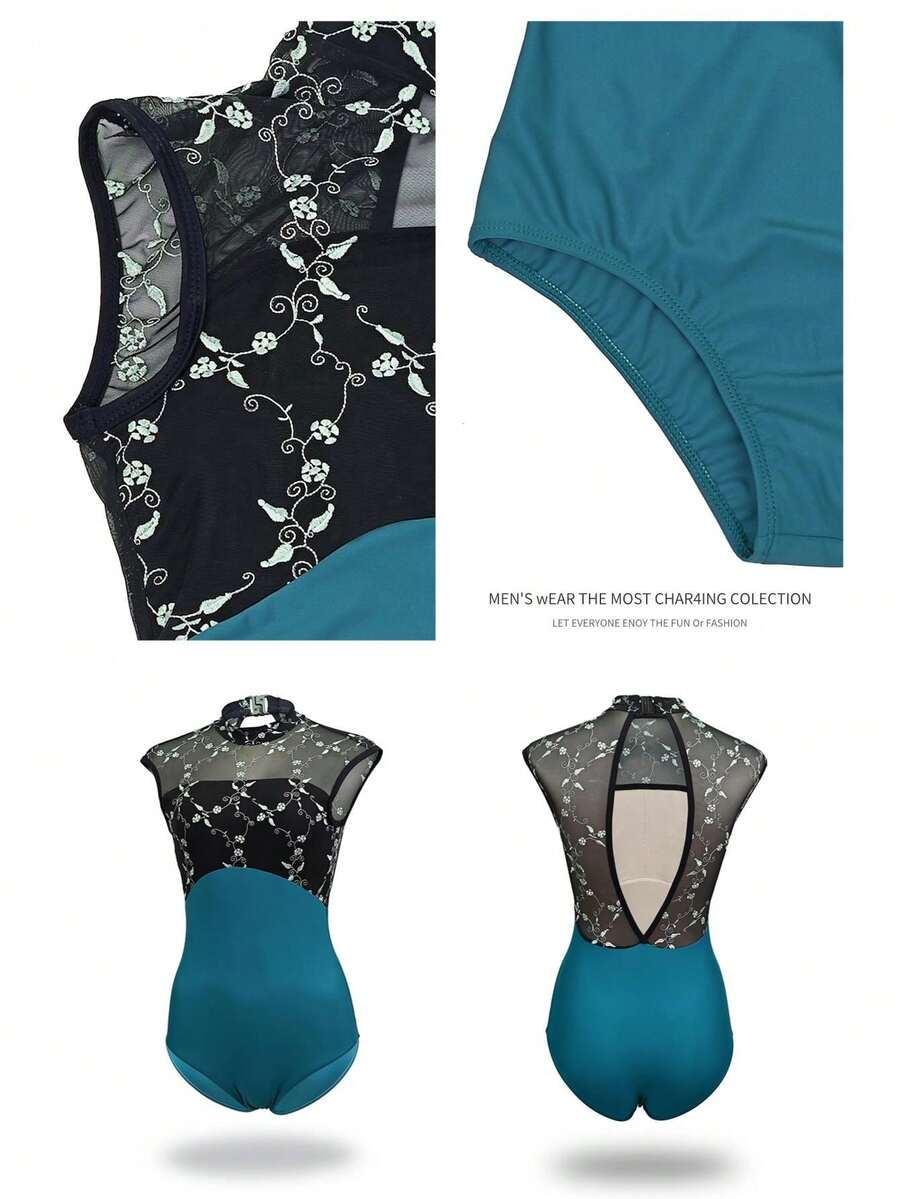 balletto New Dancewear Gymnastics Leotard, Mesh Splice Embroidery Stand