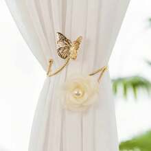 مُحمِل ستارة بزهرة الورد وفراشة 3D بلؤلؤ اصطناعي بقطعة واحدة او قطعتين/ حلقة ستارة من المعدن - مثالي لتثبيت الستائر التزيينية في غرفة النوم أو غرفة الجلوس