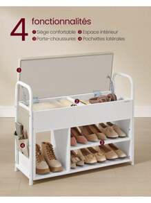 VASAGLE Banc à Chaussures, Support à Chaussures, Meuble d'Entrée, Rangement sous le Couvercle, Pochettes en PU, Poignées, pour Entrée, Salon, Chambre, Blanc Nuage et Beige Cappuccino - Blanc - Voir 3