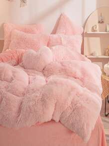 3/4 Set Of Light Luxury Solid Color Plush Bedding, 1/2 Pillowcase+1 Duvet Cover+Heart-Shaped Pillow, With Heart-Shaped Pillow, Twin /Queen/ King, Fluffy, High-End Comfortable, Cute And Cozy, Multi Colored, Comfortable All Year Round (Excluding Bedding And Pillow Core)