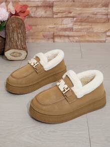 女士休闲毛绒雪地靴，2024冬季新款低帮短筒套脚鞋，保暖加厚，时尚舒适，厚底鞋，日常户外穿着 - 棕色 - 查看 1