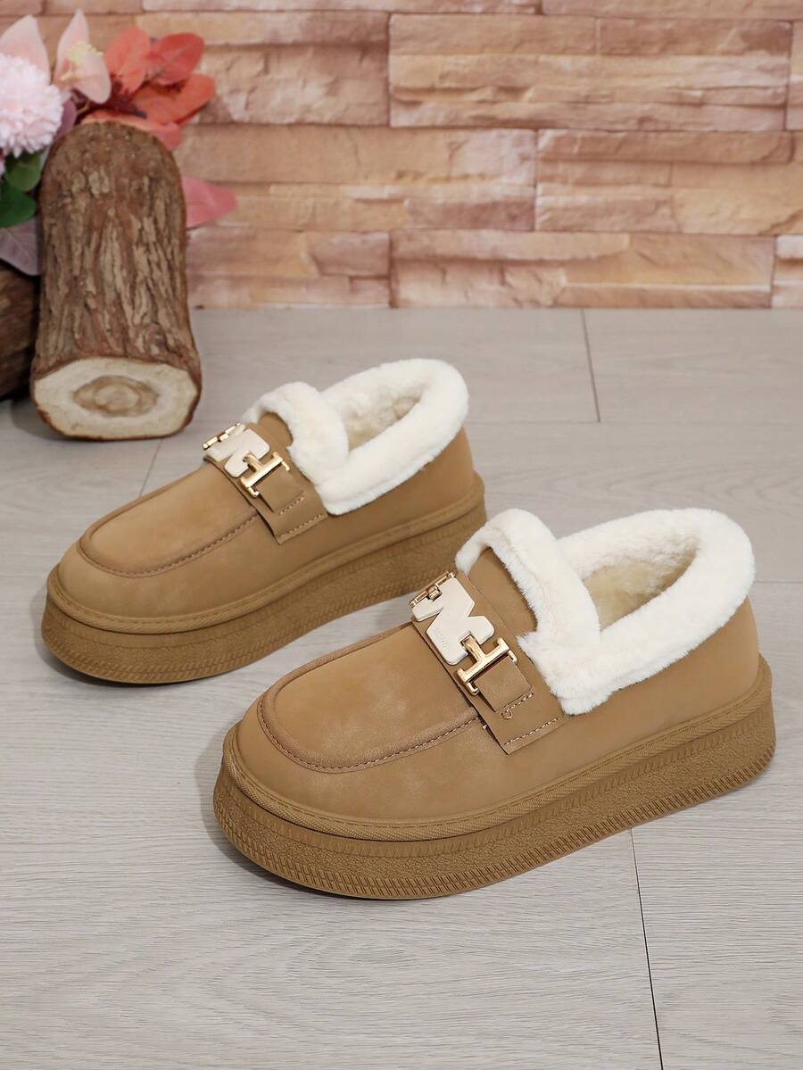 女士休闲毛绒雪地靴，2024冬季新款低帮短筒套脚鞋，保暖加厚，时尚舒适，厚底鞋，日常户外穿着 - 棕色 - 查看 1