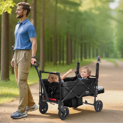 Wagon Stroller For 2 Kids, Push Pull Quad Collapsible Stroller With Adjustable Handle, Encircling Harness Removable Canopy, 4 Wheels With Brakes, Mutifunction Tandem Stroller For Camping
