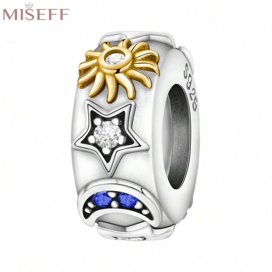 MISEFF 1 件 S925 纯银珠子太阳月亮星星锆石橡胶塞隔离珠适用于手链 DIY 精美珠宝制作礼物送给女士
