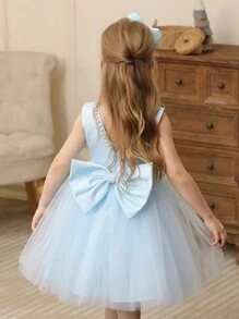 年轻女孩高端露背镂空珍珠可拆卸蝴蝶结公主薄纱花童礼服婚礼派对 - 藍色 - 查看 2