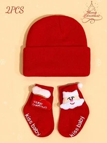 2 chiếc mũ và tất ông già Noel, quà tặng và đồ trang trí Giáng sinh, làm bằng Acrylic - Đỏ - Xem 1