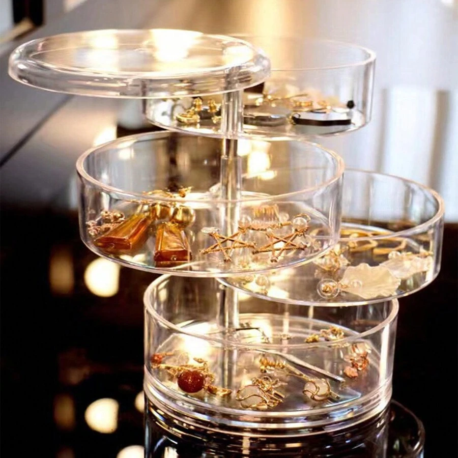 1 hộp đựng trang sức trong suốt nhiều lớp có thể xoay ngẫu nhiên, đựng khuyên tai, vòng cổ, vòng tay, hộp đựng chống bụi - Trong sáng - Xem 1