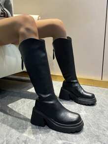 Women's Thick Sole Over-The-Knee Boots For Autumn/Winter, Warm Thick Bottom Riding Boots, Soft Leather Non-Slip Round Toe Versatile Tall Boots, Plus Size Black Boots, Simple High-End Solid Color Knee-High Boots - Black - View 3