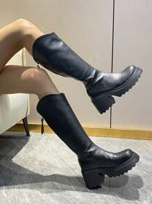 Women's Thick Sole Over-The-Knee Boots For Autumn/Winter, Warm Thick Bottom Riding Boots, Soft Leather Non-Slip Round Toe Versatile Tall Boots, Plus Size Black Boots, Simple High-End Solid Color Knee-High Boots - Black - View 6