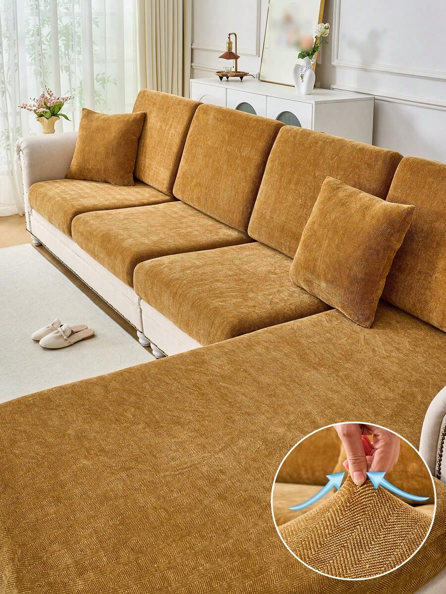 1pc Universal Chenille Jacquard Non-Slip Sofa Seat Cushion Cover, Style Soft Skin-Friendly Pet Proof Elastic Sofa Slipcover, Spring/Autumn Anti-Cat Scratch Sofa Pad Fits L-Shaped Combination Sofa And 1/2/3/4 Seater Sofa (One Piece Sold) - Brown - View 1