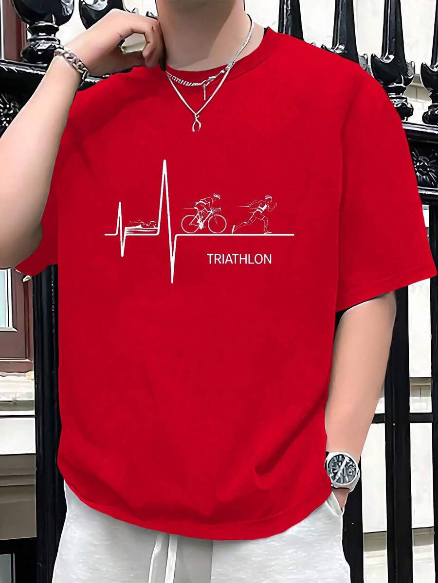 ECG Heartbeat Line Triathlon 180g Pure Cotton Men's Tshirt Comfort Fit - 紅色 - 查看 1
