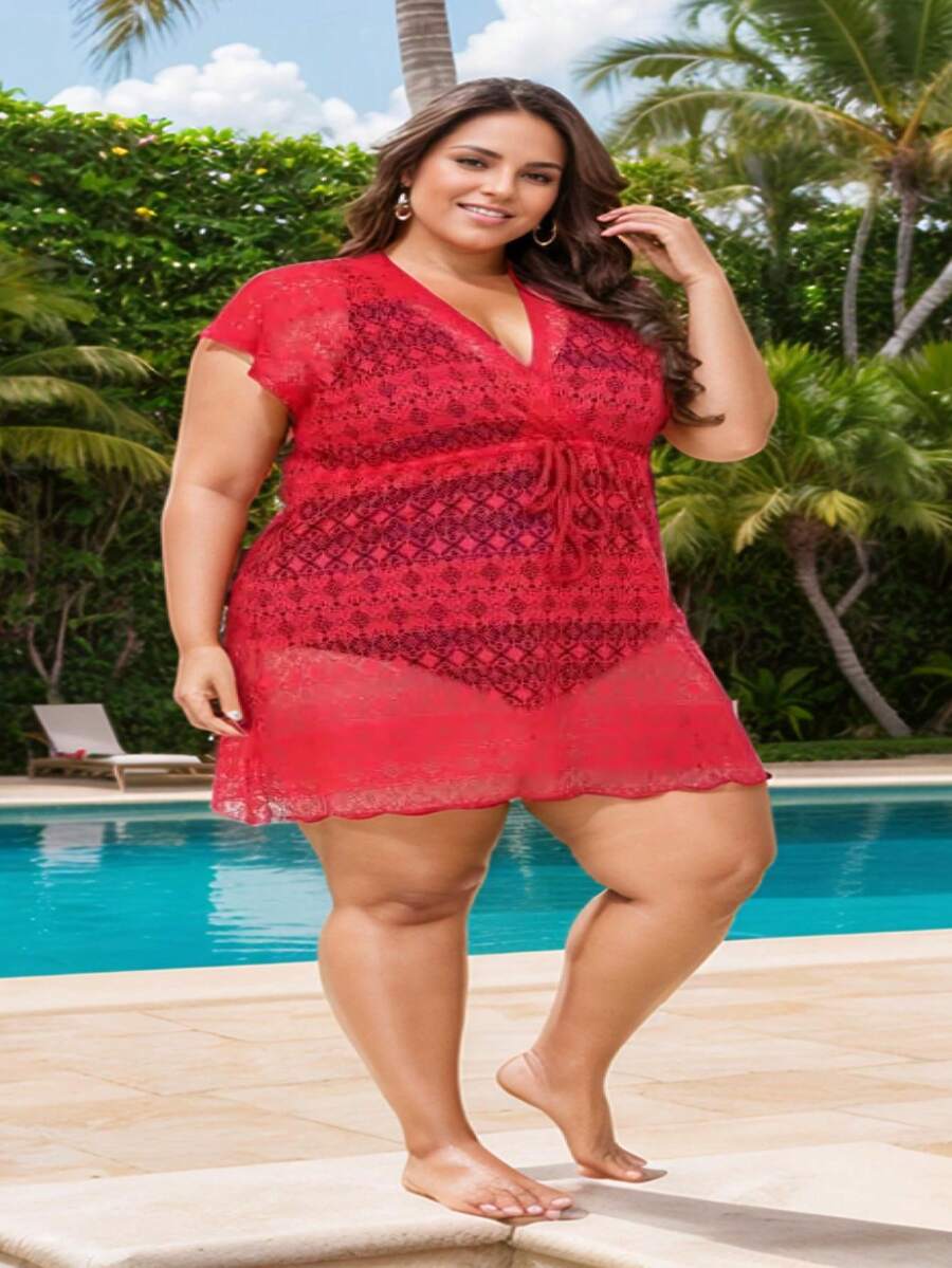 Plus Size Beach Cover-Up With Drawstring At The Waist, Beach Sarong All In Fishnet Lace, Closed At The Front, Short Sleeves, Large Size From 46 To 60 - Red - View 1