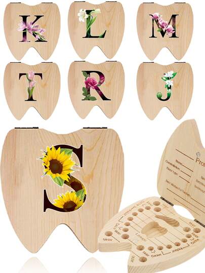 1pc Wooden Teeth Storage Box For Boys Girls Creative Initial Name A-Z Pattern Umbilical Cord Tooth Collection Box Infant And Toddler Souvenir Box