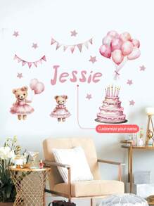 1 Pieza de 30 x 120 cm Pegatinas de pared personalizadas con texto, pegatinas de pared de dibujos animados con luna, nubes, osos, estrellas, globos para decoración de dormitorio, sala de estar, Pintura decorativa para el hogar, Pintura autoadhesiva removible para decoración de aula escolar, PVC