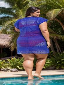 Plus Size Beach Cover-Up With Drawstring At The Waist, Beach Sarong All In Fishnet Lace, Closed At The Front, Short Sleeves, Large Size From 46 To 60 - 寶藍色 - 查看 7